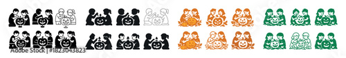 Halloween pumpkin carving with diverse children in various color illustrations