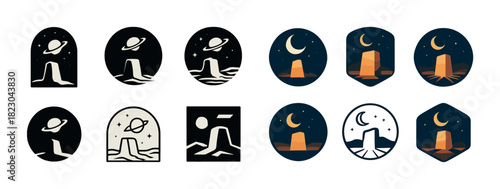 Set of abstract space-themed icons featuring planets and moons