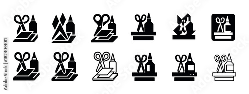 Set of black and white art supply icons: scissors, glue, paintbrush, pencil