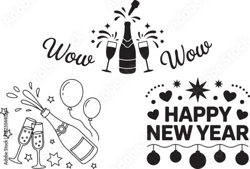 Festivities are shown as champagne bottle pops with Wow text and Happy New Year decor
