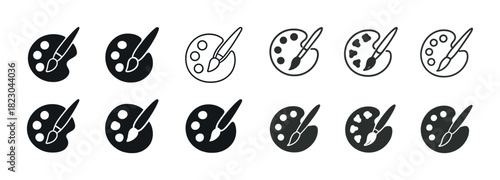 Set of paint palettes with brushes in black and white variations