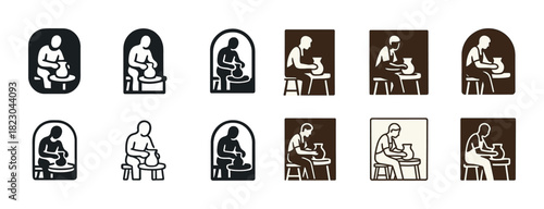 Black and white pottery icon set with person shaping clay on pottery wheel