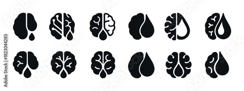 Collection of brain and water drop icons in black and white