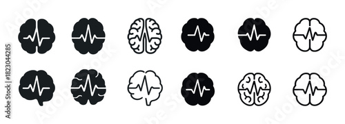 Brain heartbeat icons set: simple and filled designs