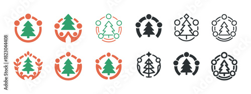 Diverse christmas tree icons with people in festive circle designs