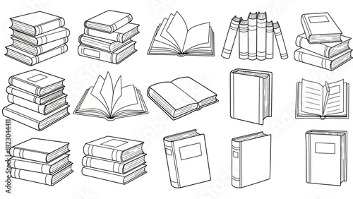 Hand-Drawn Outline Book Illustrations Set - Reading & Education Vector Icons