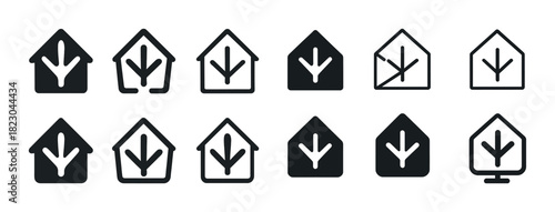 Set of black house icons with download arrow designs