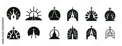 Collection of church silhouettes with crosses and arched structures