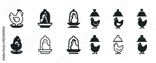 Set of chicken icons including bells and domes in black and white