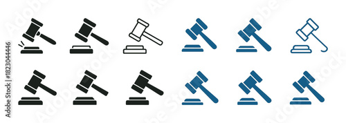 Varied gavel icons set illustrating different styles and angles