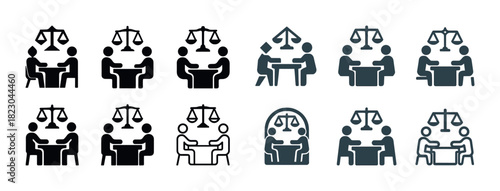 Diverse legal discussion icons with scales of justice in black and white
