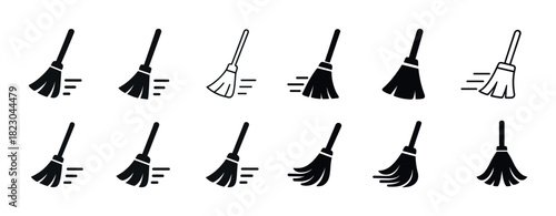 Set of twelve black and white broom icons with motion lines