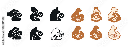 Set of icons depicting cats and veterinary care elements in black and brown