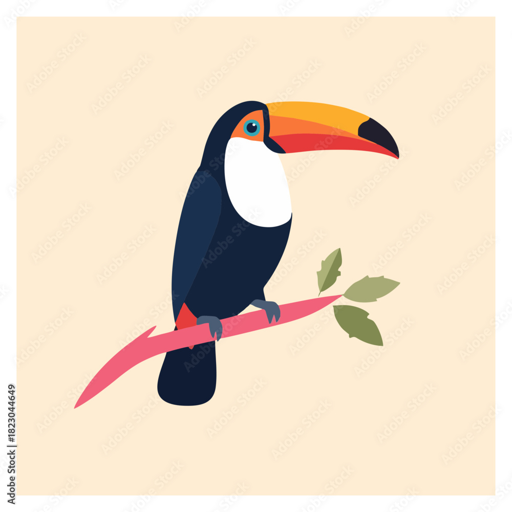 Naklejka premium A vibrant flat design vector illustration of a tropical toucan bird with a colorful beak, perched on a simple pink branch with green leaves