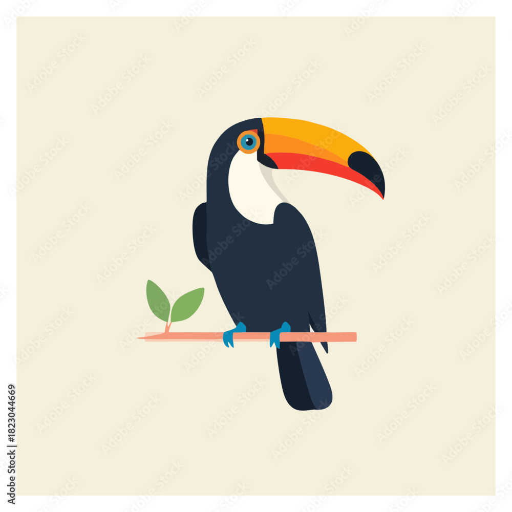 Obraz premium Elegant Toucan Bird Perched on Branch with Leafy Accent - Flat Design Illustration