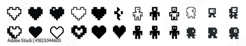 Pixel art heart and character icons set: retro gaming graphics