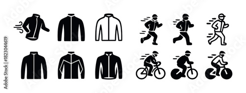 Set of jacket and outdoor activity icons for running and cycling enthusiasts