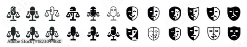 Set of balance scales and theatre masks icons in black silhouettes