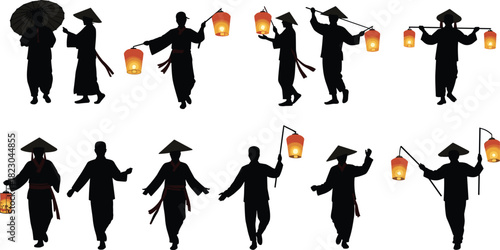 Japanese lantern silhouettes, traditional festival procession, cultural heritage artwork, illuminated lanterns illustration, ceremonial umbrella figures, 