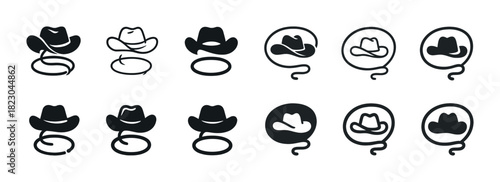 Set of cowboy hat icons with lasso designs in various styles