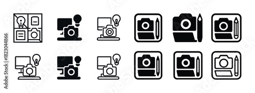 Icon set featuring design tools and camera symbols for creative projects