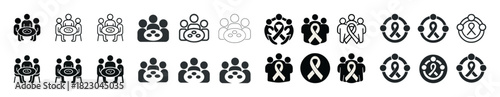 Black and white icon set of diverse people and awareness symbols