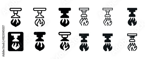 Set of black and white rocket engine icons with flames in various styles