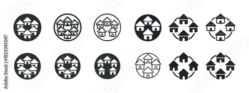Collection of tribal house icon variations in oval frames