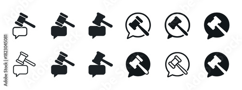 Gavel and speech bubble icons: legal communication symbols in black and white