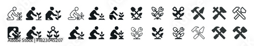 Set of gardening icons: planting, growing, tools, and maintenance symbols