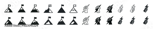 Minimalist mountain and lightning icons with flags and fists