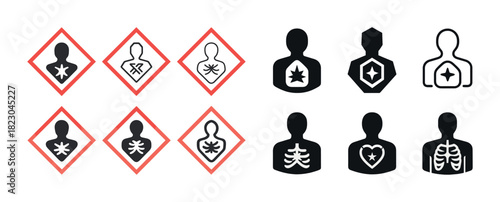 Human silhouette icons with heart and lung symbols in red and black designs