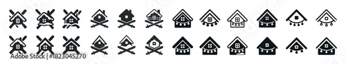 Set of minimalist black and white cabin icons in various styles