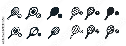 Variety of tennis and ping pong rackets with balls in black icons set
