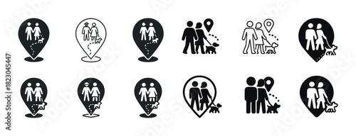 Location pins featuring families with dogs icon set