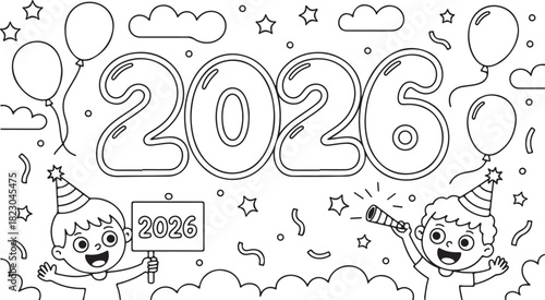 Two young boys celebrate 2026 with balloons and party favors in black and white line art
