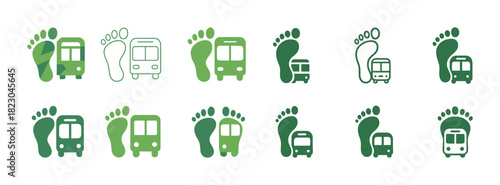 Green transportation icons: footprints and buses in various shades and styles