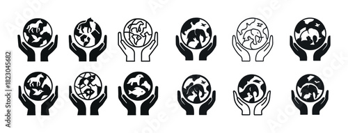 Black and white earth protection icons with hands: wildlife and conservation symbols