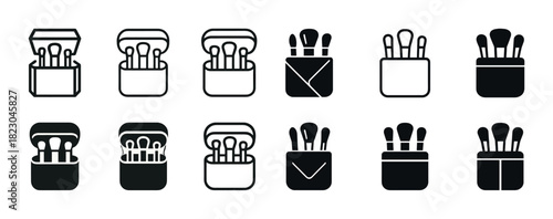 Set of makeup brush icon variations in black and white linear style