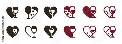 Wine and cheese heart icons collection