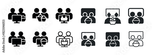 Icon set: people with computers and food in black and gray styles