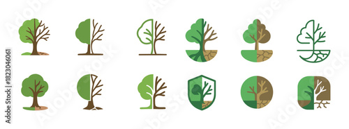 Variety of stylized tree icons in green and brown tones