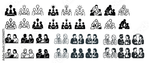 Collaborative business meeting icons with diverse teams and creative ideas