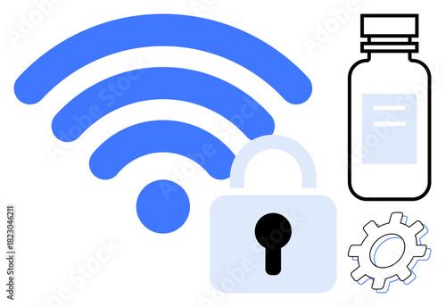 wireless signal, padlock, medicine bottle, and gear suggest connectivity, digital security, health innovation, pharmaceutical systems. Ideal for technology, cybersecurity healthcare medicine