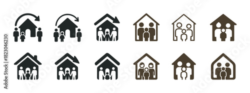 Family icons set: diverse figures and house symbols in multiple arrangements