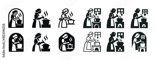 Silhouette designs of female chefs cooking in various kitchen settings