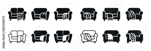 Set of sofa silhouettes with blankets in various styles