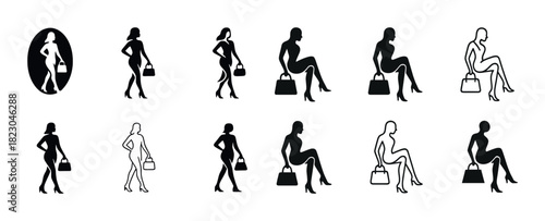 Collection of female silhouette icons with handbags in various poses