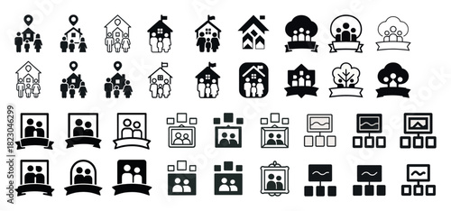 Family and community icons set: symbols of homes, families, and connections