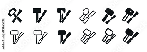 Collection of hammer and chisel icons in various styles